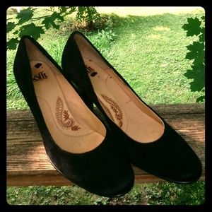Black suede heels by Sofft